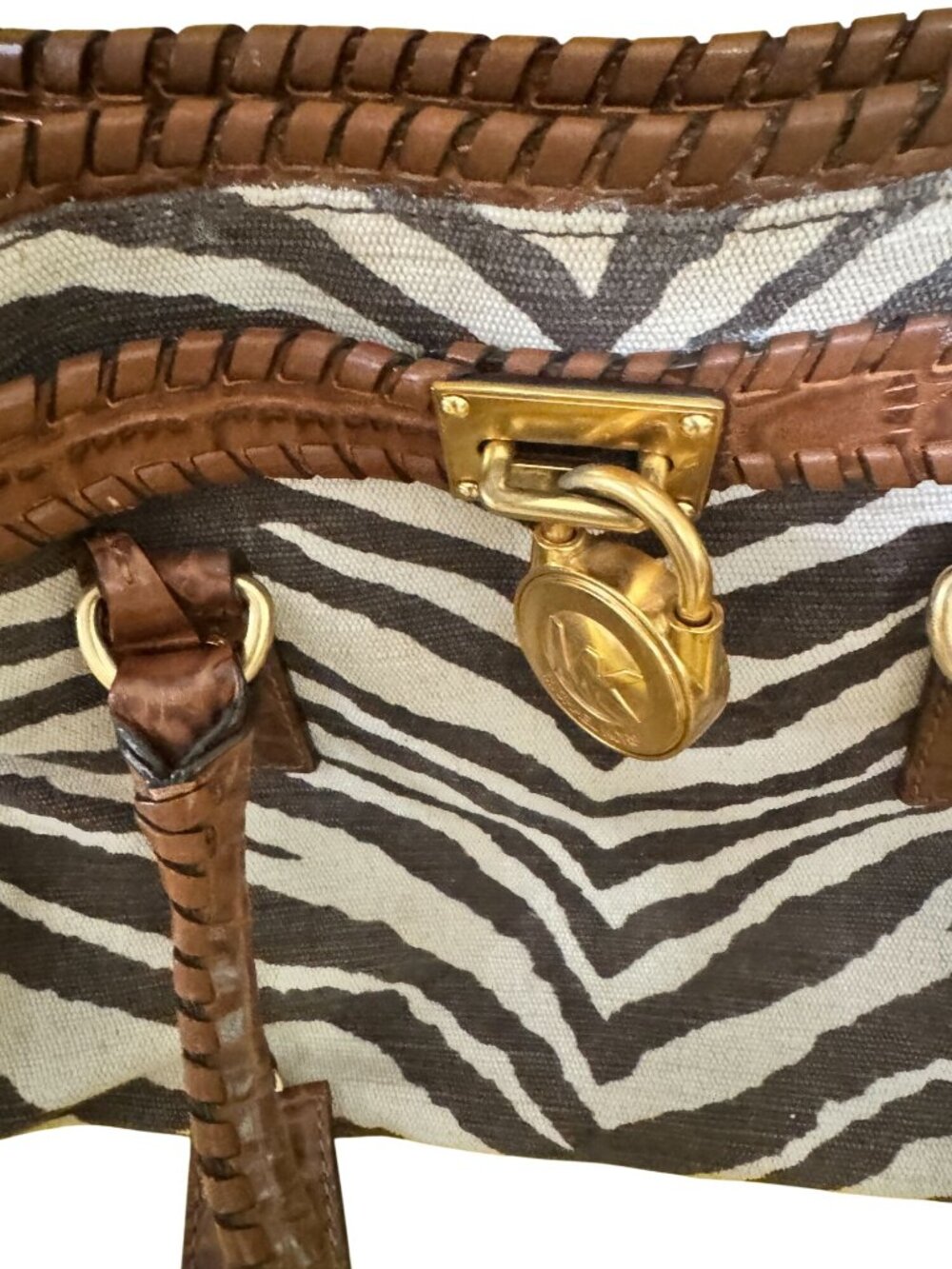 Michael Kors Hamilton Whipped Zebra Canvas Satchel Brown Leather Shoulder Bag - Picture 12 of 13